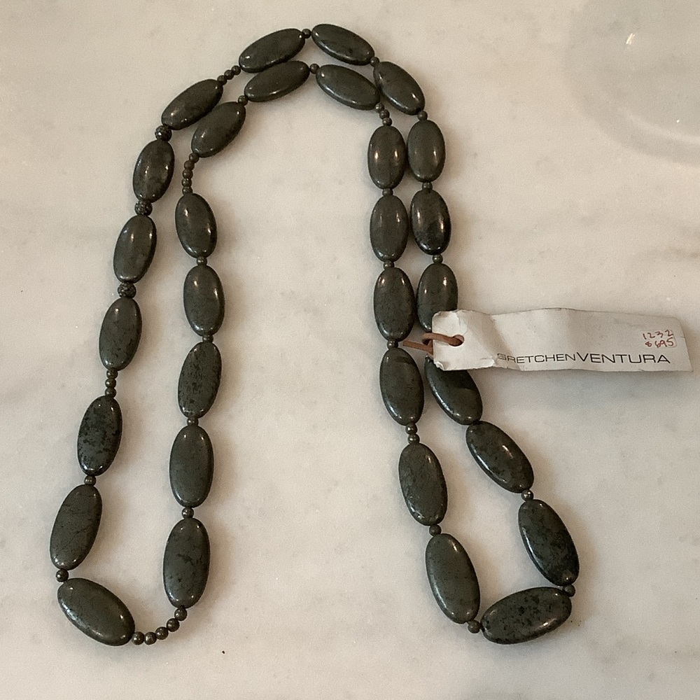 Dark Green Pyrite Oval Bead Necklace w/ Black Diamond Balls, Brand New